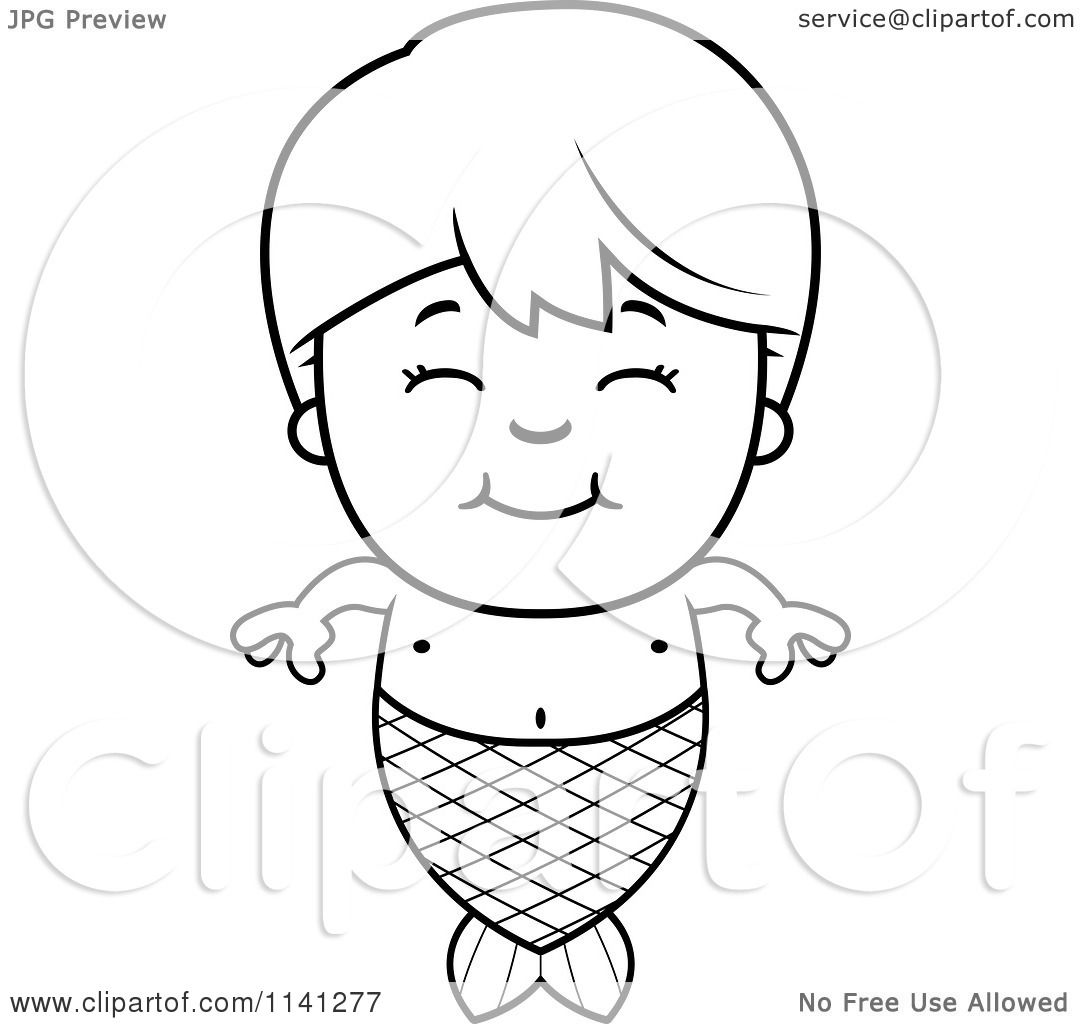 Cartoon Clipart Of A Black And White Happy Mermaid Boy - Vector