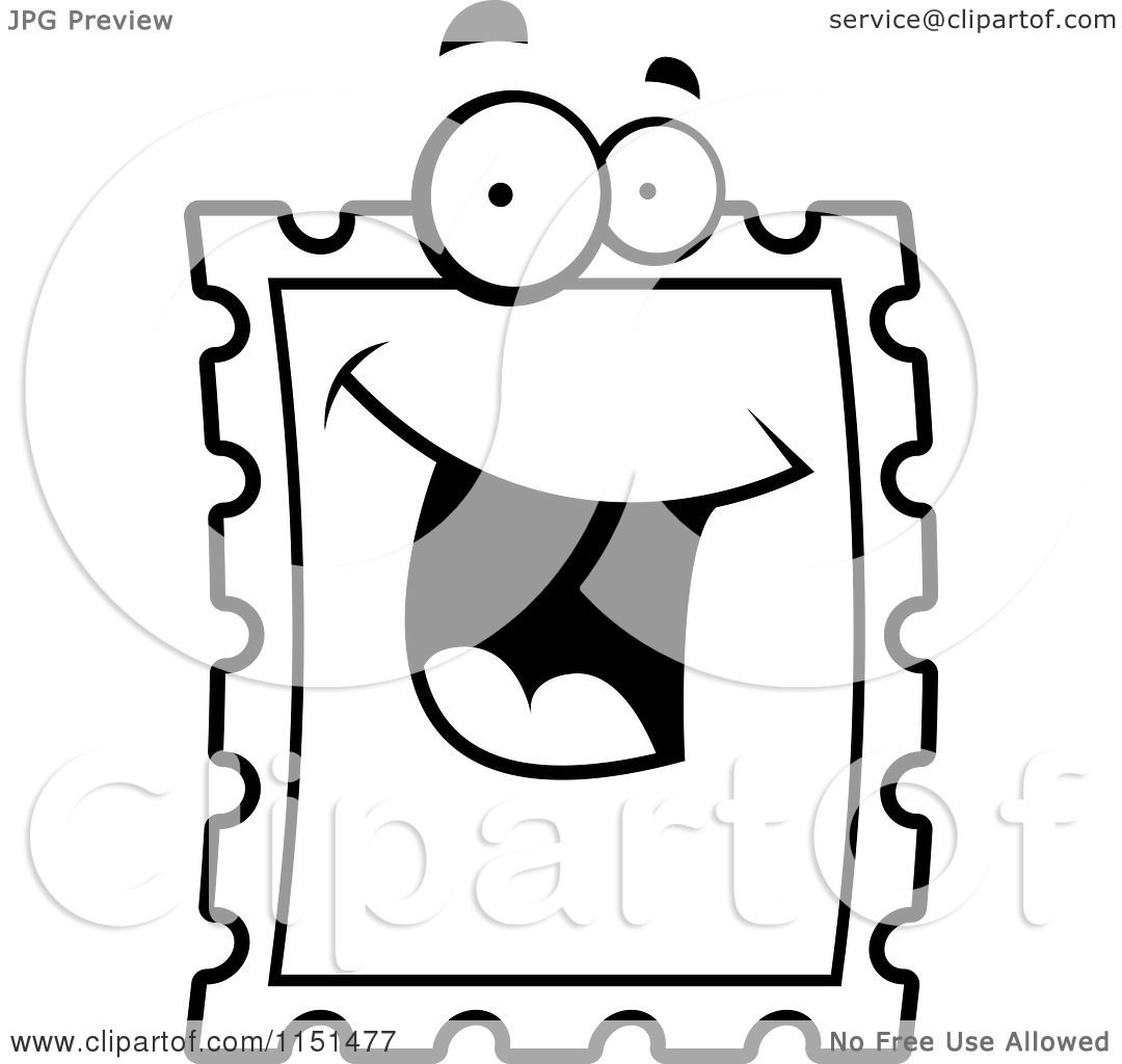 Download Cartoon Clipart Of A Black And White Happy Smiling Postage Stamp Face - Vector Outlined Coloring ...