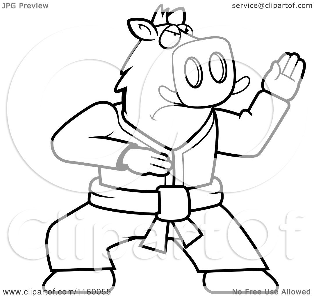 Cartoon Clipart Of A Black And White Karate Boar - Vector Outlined