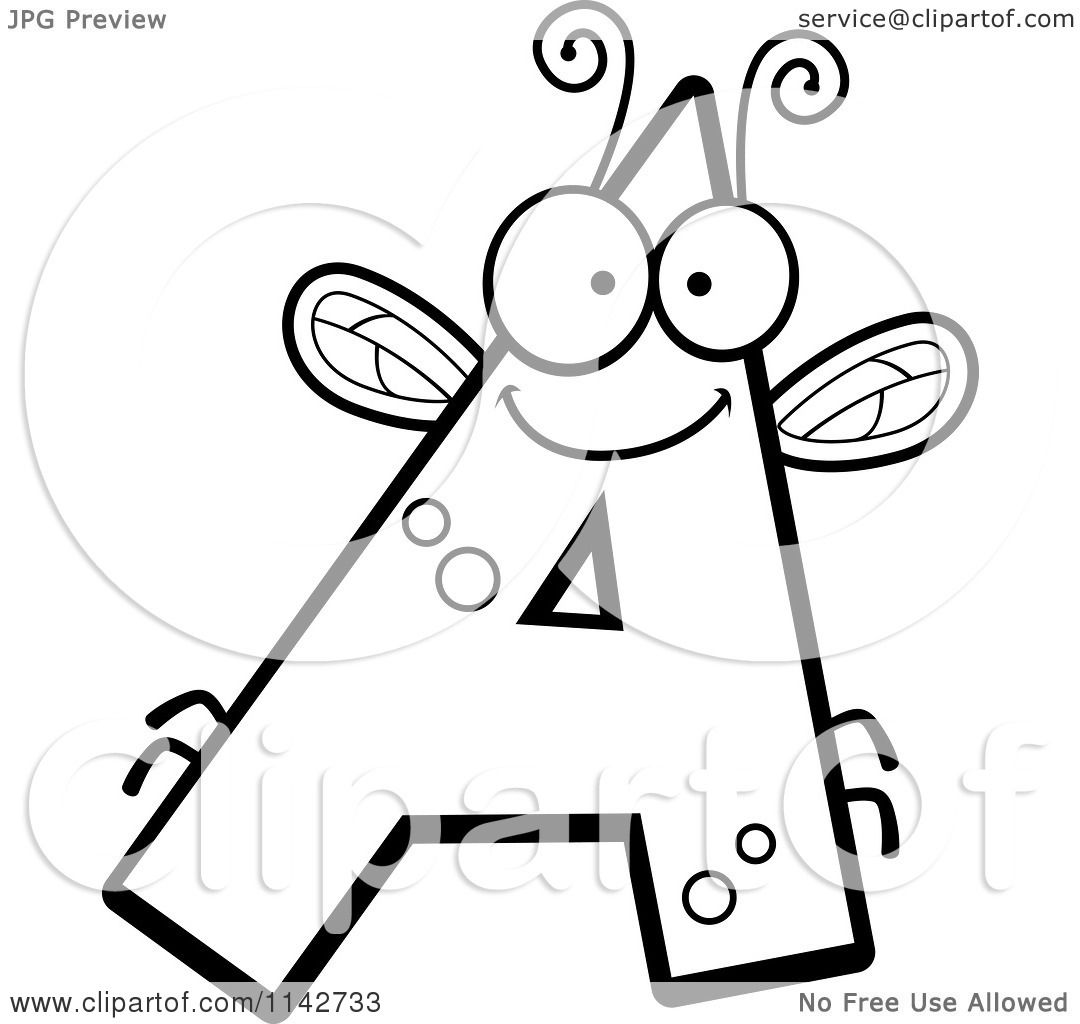 Cartoon Clipart Of A Black And White Letter A Bug - Vector Outlined