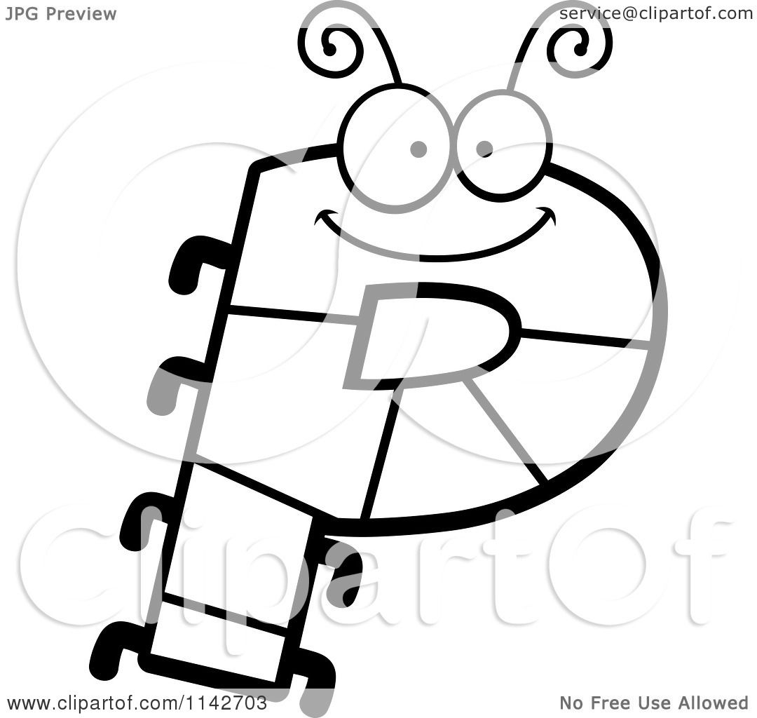 Cartoon Clipart Of A Black And White Letter P Bug - Vector Outlined ...