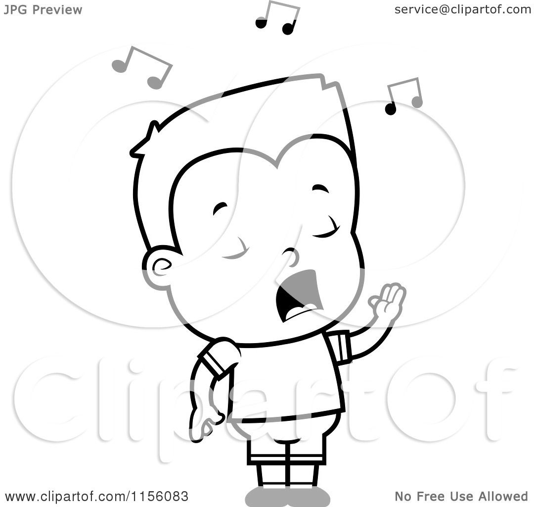 Cartoon Clipart Of A Black And White Little Boy Singing Vector Outlined Coloring Page 10241156083