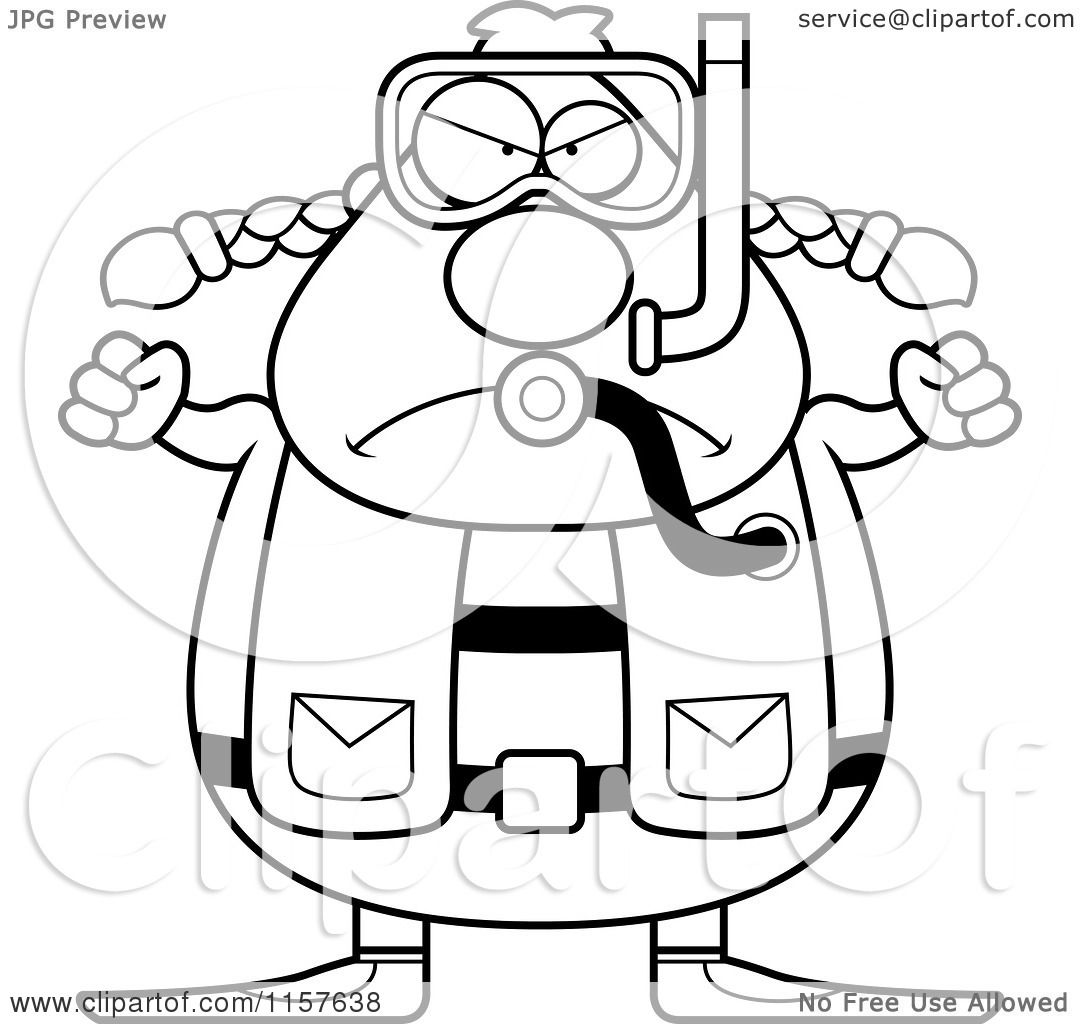 Cartoon Clipart A Black And White Mad Chubby Female Scuba Diver Vector Outlined Coloring Page by Cory Thoman