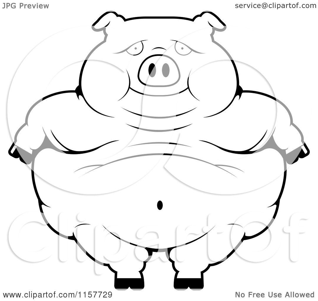 Cartoon Clipart Of A Black And White Obese Pig Standing - Vector