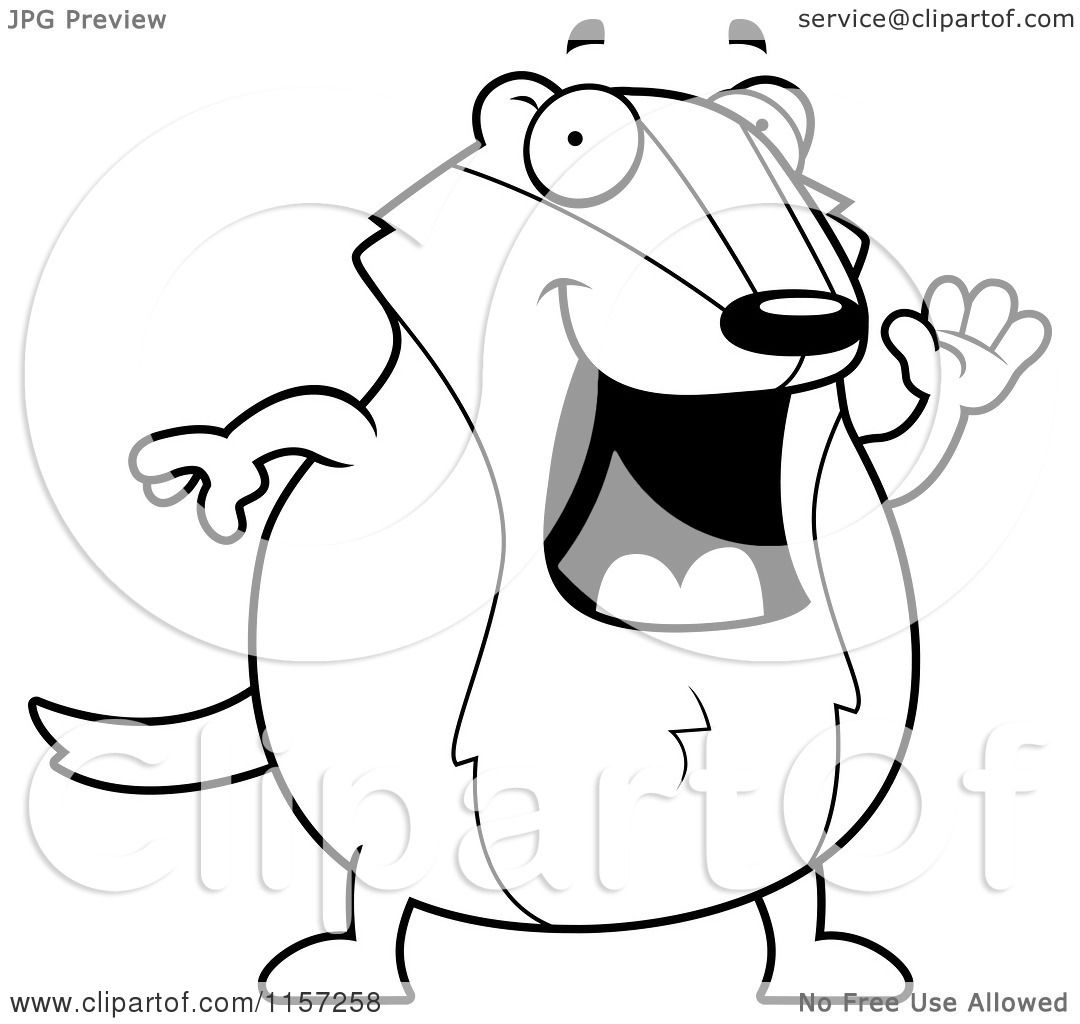Cartoon Clipart Of A Black And White Pudgy Badger Waving - Vector