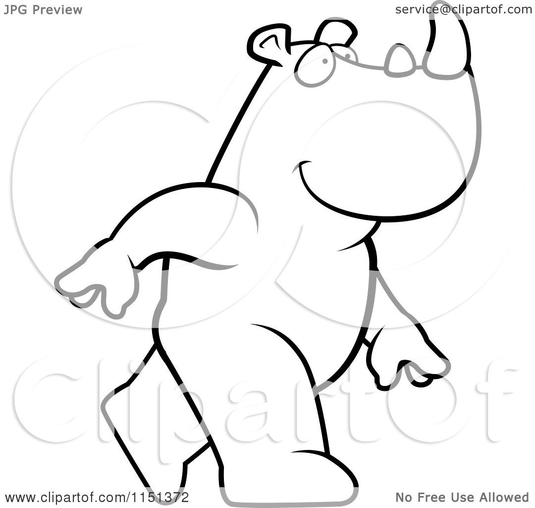 Cartoon Clipart Of A Black And White Rhino Walking Upright - Vector