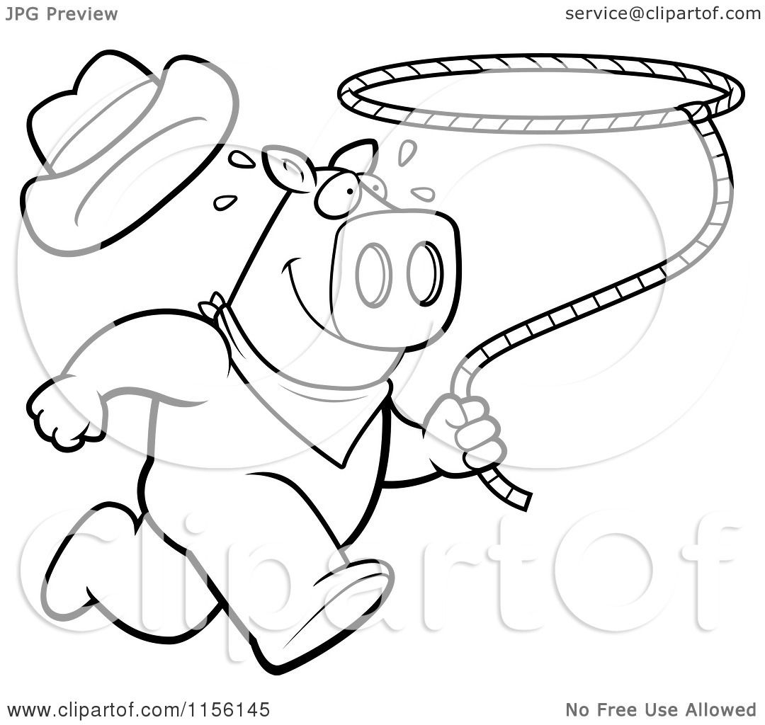 Cartoon Clipart Of A Black And White Rodeo Pig Running with a Lasso