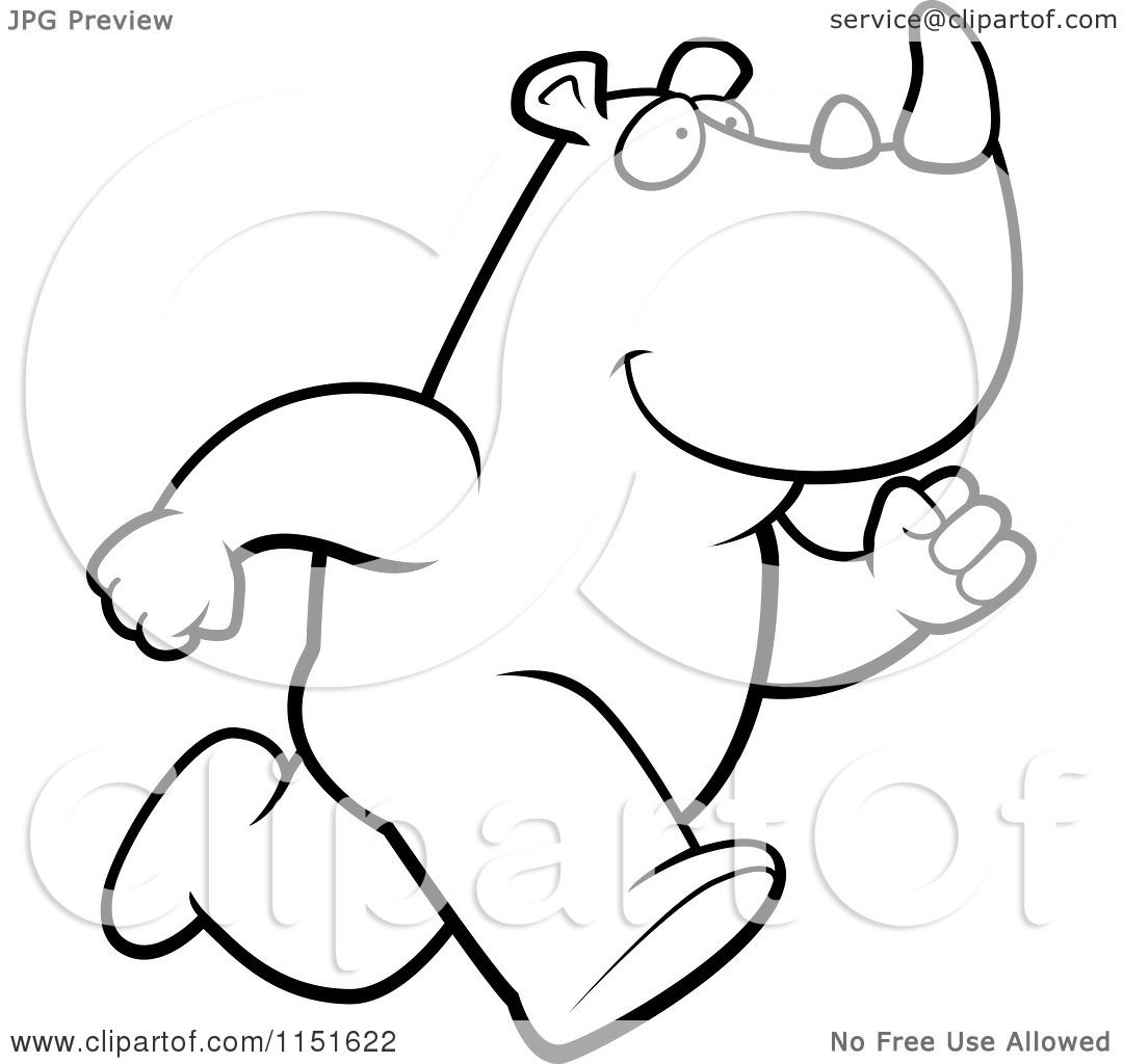 Cartoon Clipart Of A Black And White Running Rhino - Vector Outlined