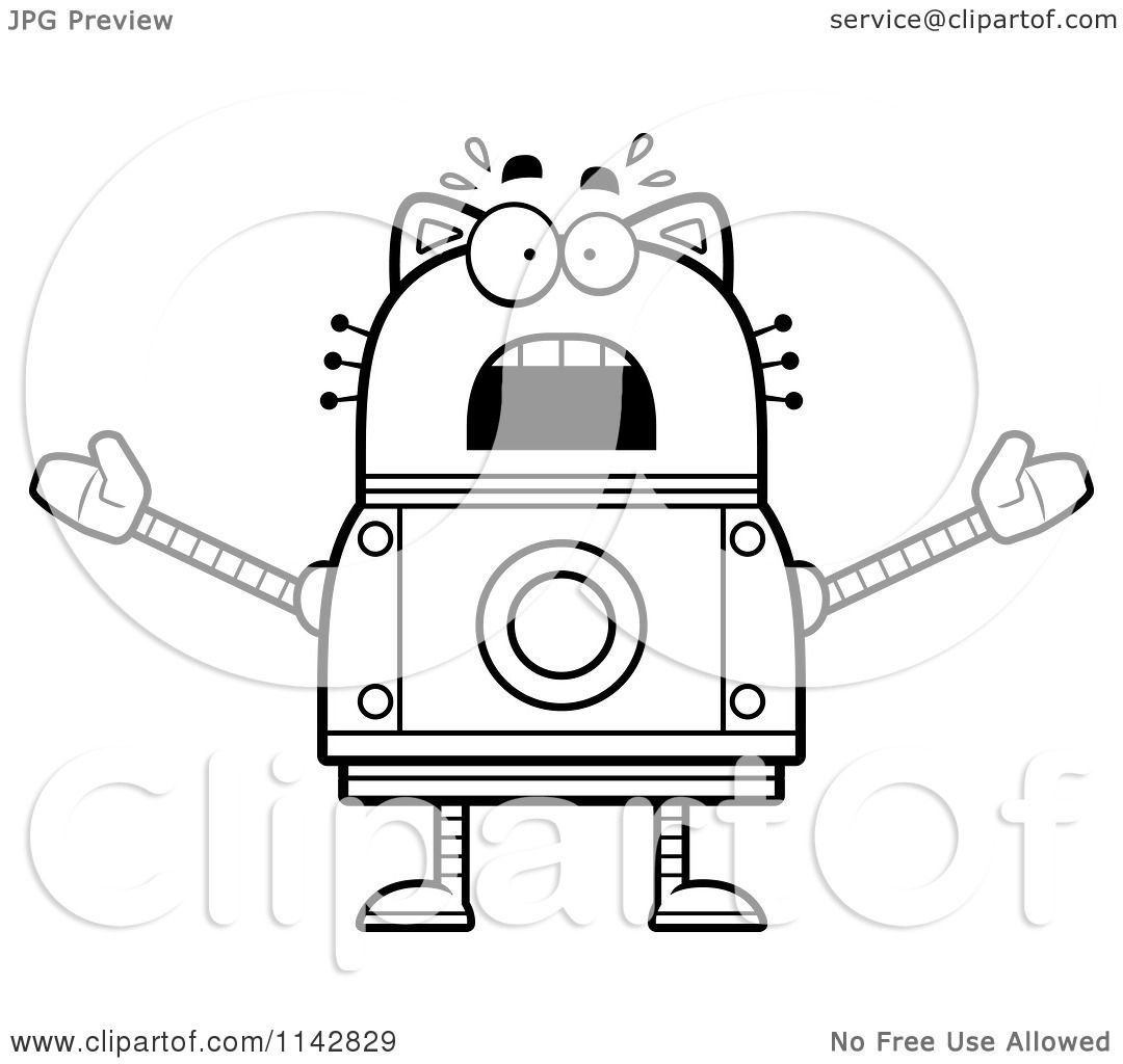 Cartoon Clipart Of A Black And White Scared Robot Cat - Vector Outlined