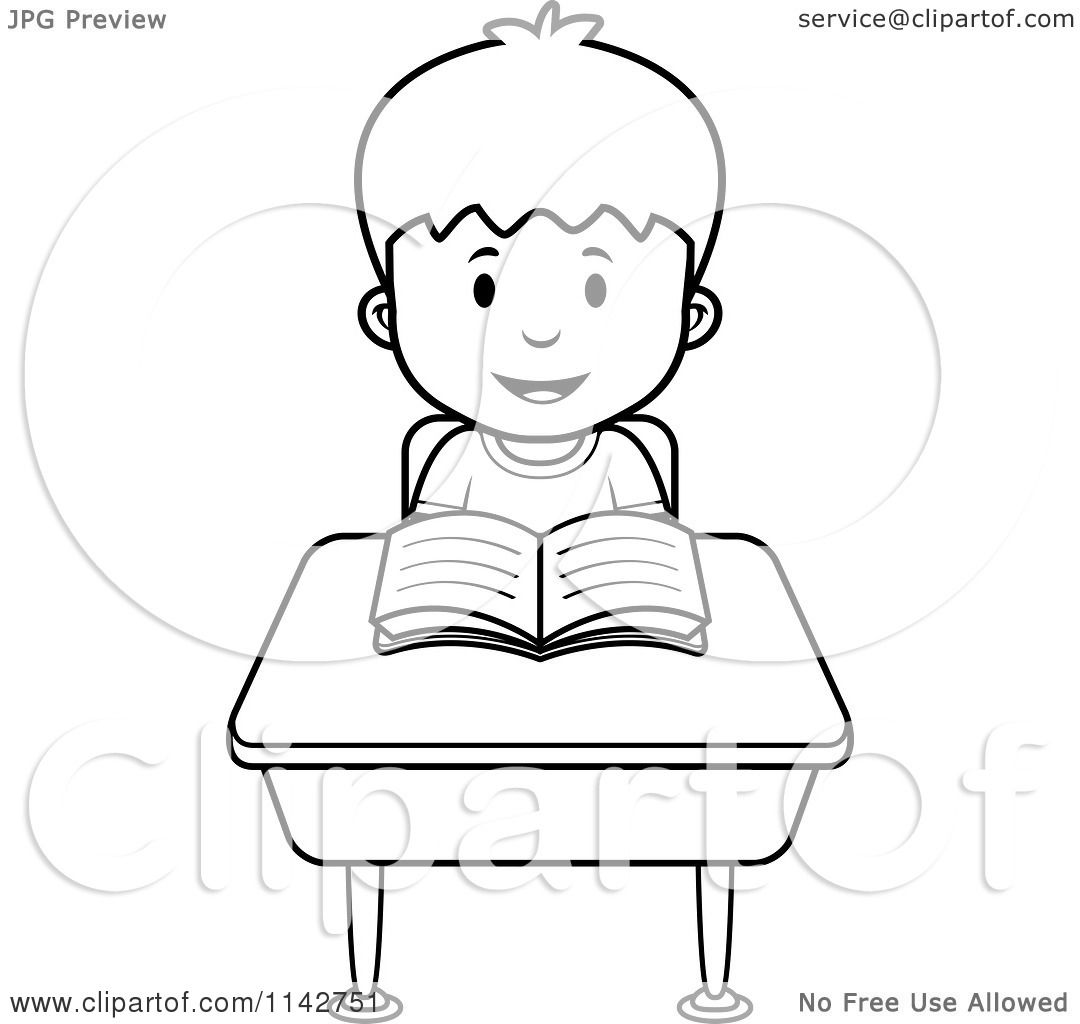 Cartoon Clipart Of A Black And White School Boy Reading At His