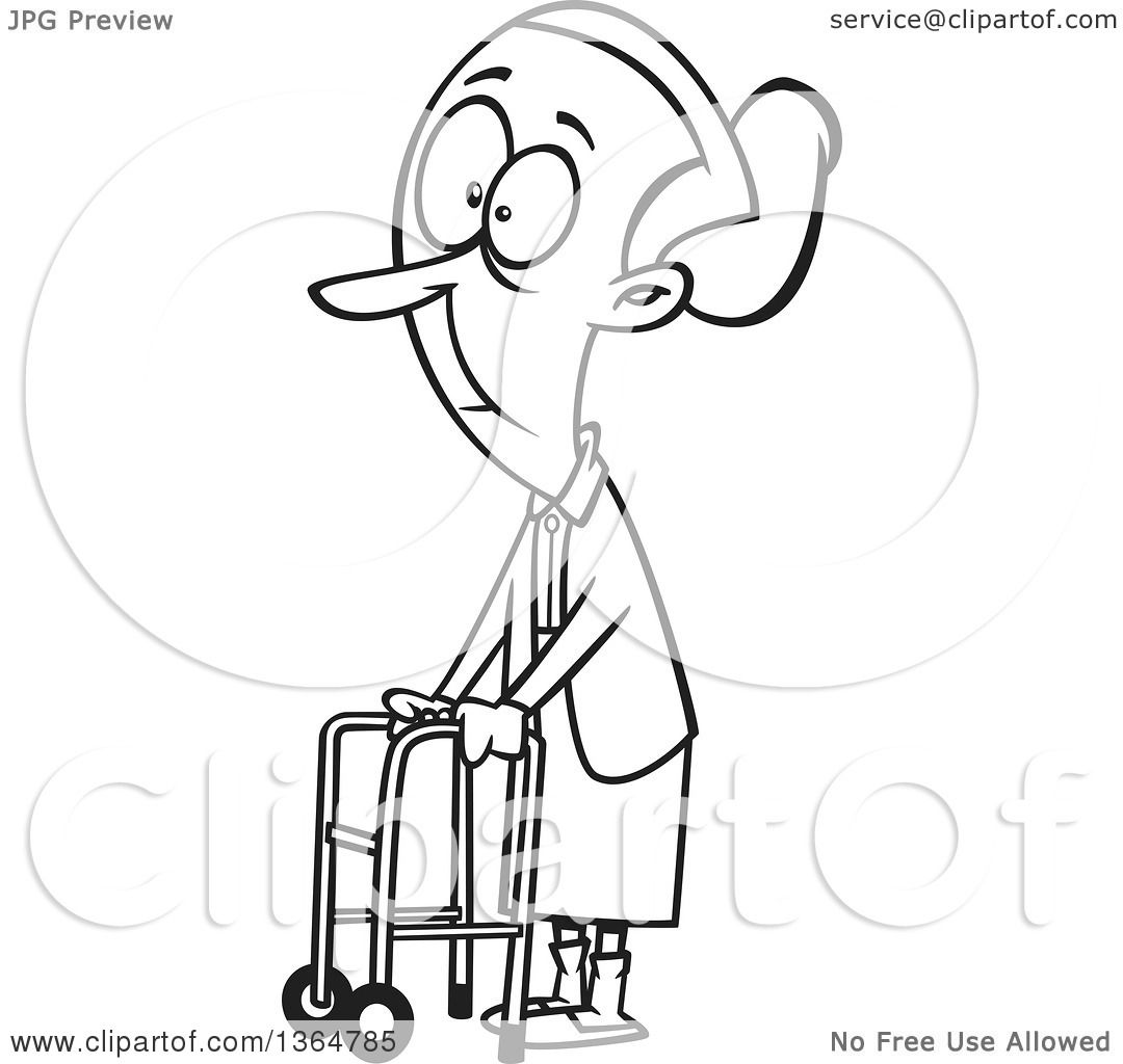 Cartoon Clipart of a Black and White Senior Woman Using a Walker to Get ...