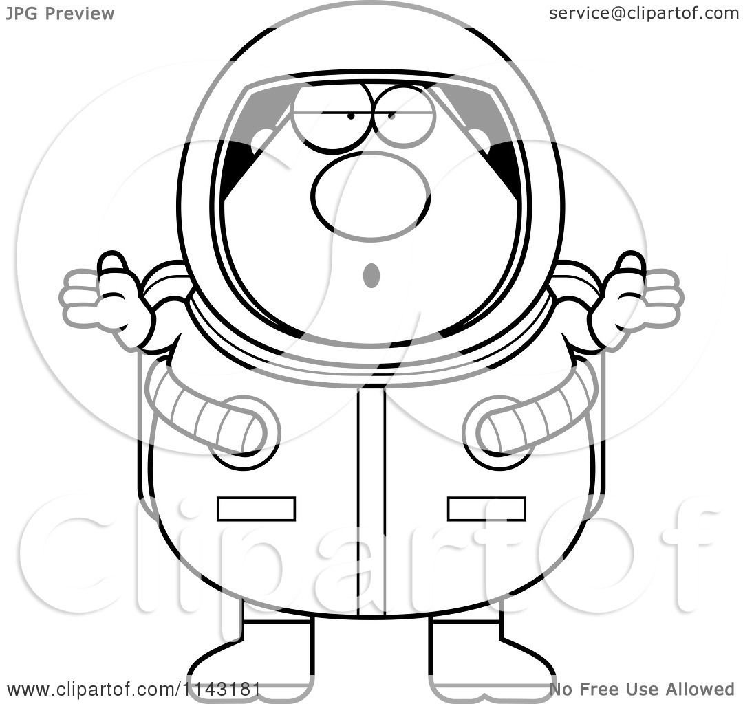 Cartoon Clipart Of A Black And White Shrugging Astronaute - Vector