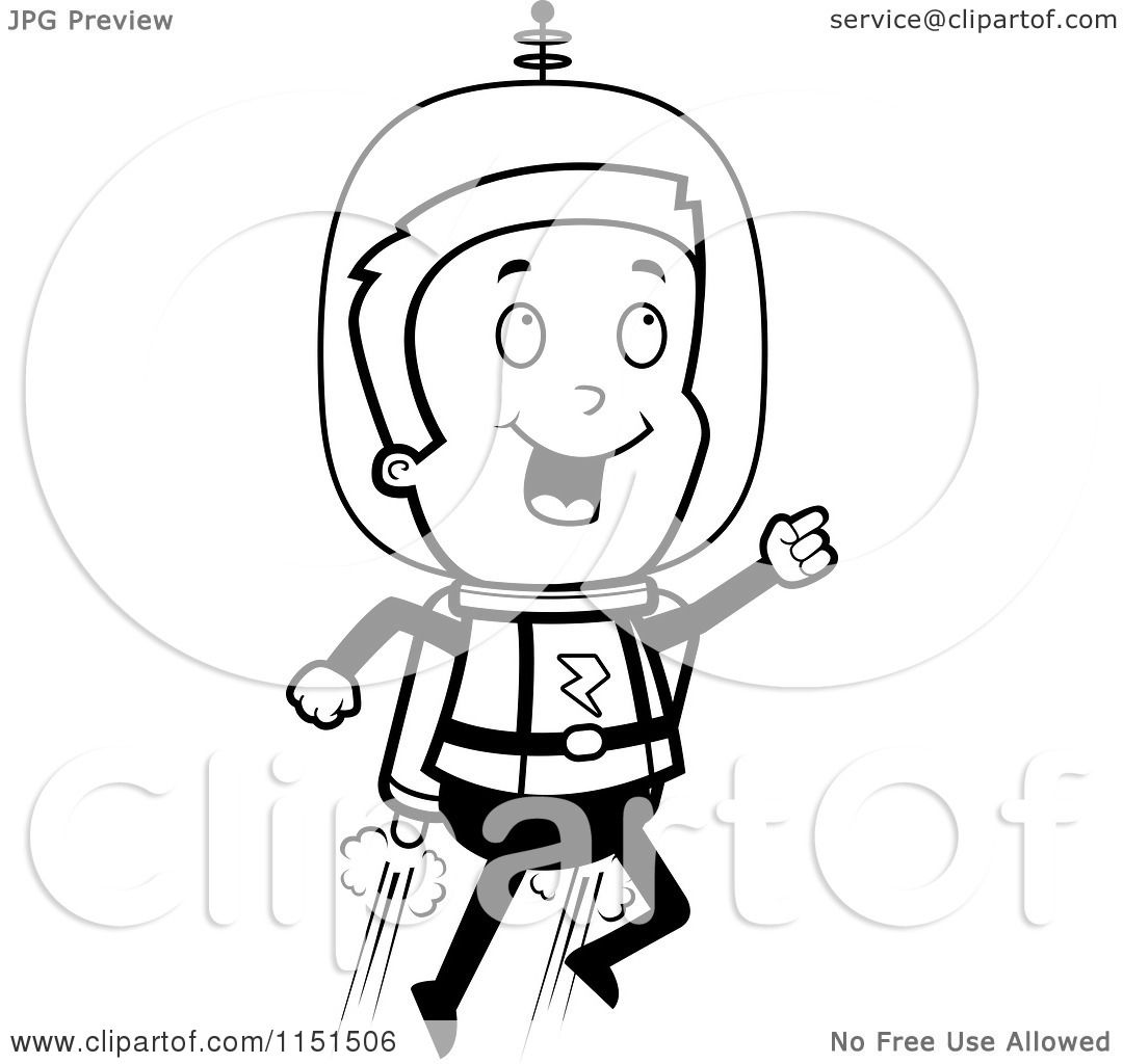 Cartoon Clipart Of A Black And White Space Man Using a Jetpack - Vector