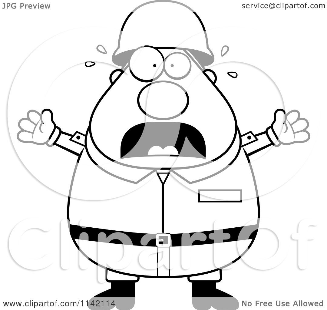 Cartoon Clipart Black White Stressed Chubby Army Man Vector Outlined