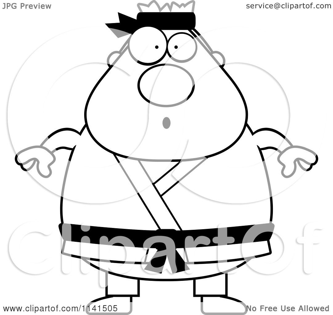 Cartoon Clipart Of A Black And White Surprised Chubby Black Belt Karate
