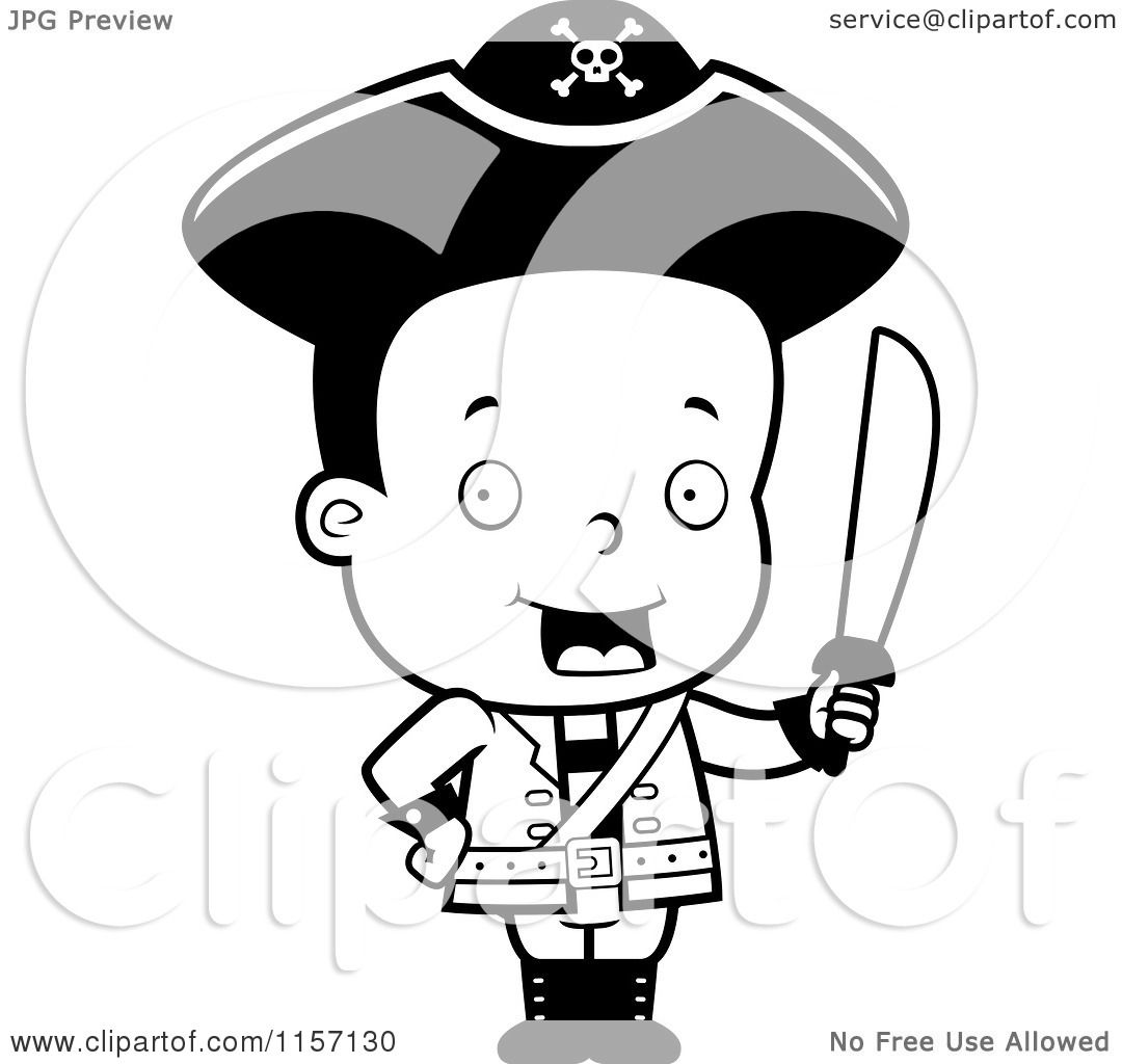 Cartoon Clipart Of A Black And White Toddler Pirate Bioy Holding a