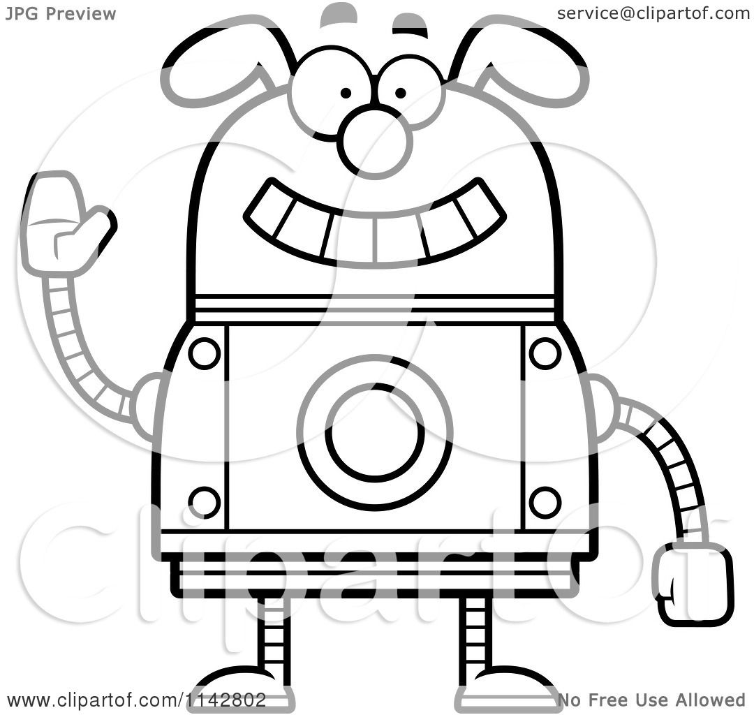 Cartoon Clipart Of A Black And White Waving Dog Robot - Vector Outlined