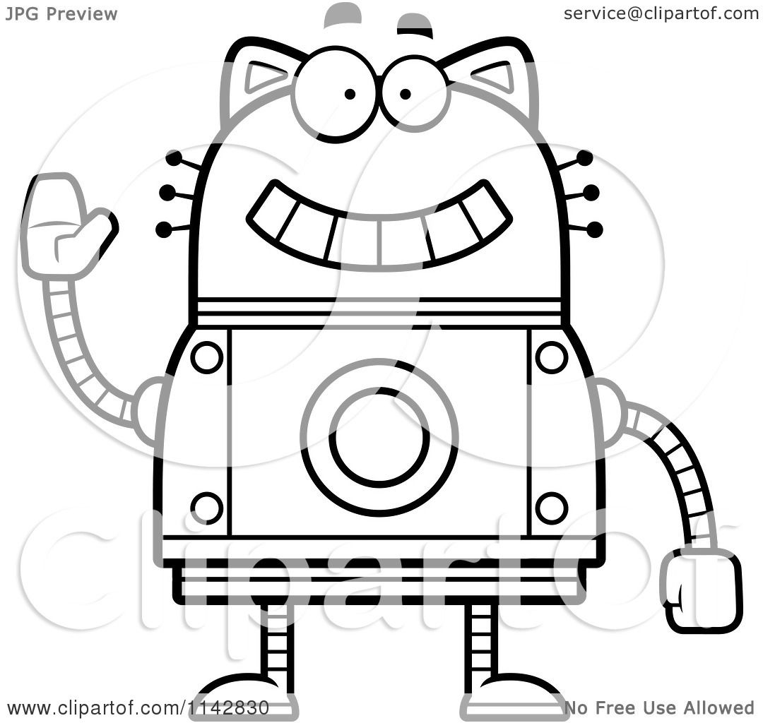 Cartoon Clipart Of A Black And White Waving Robot Cat - Vector Outlined