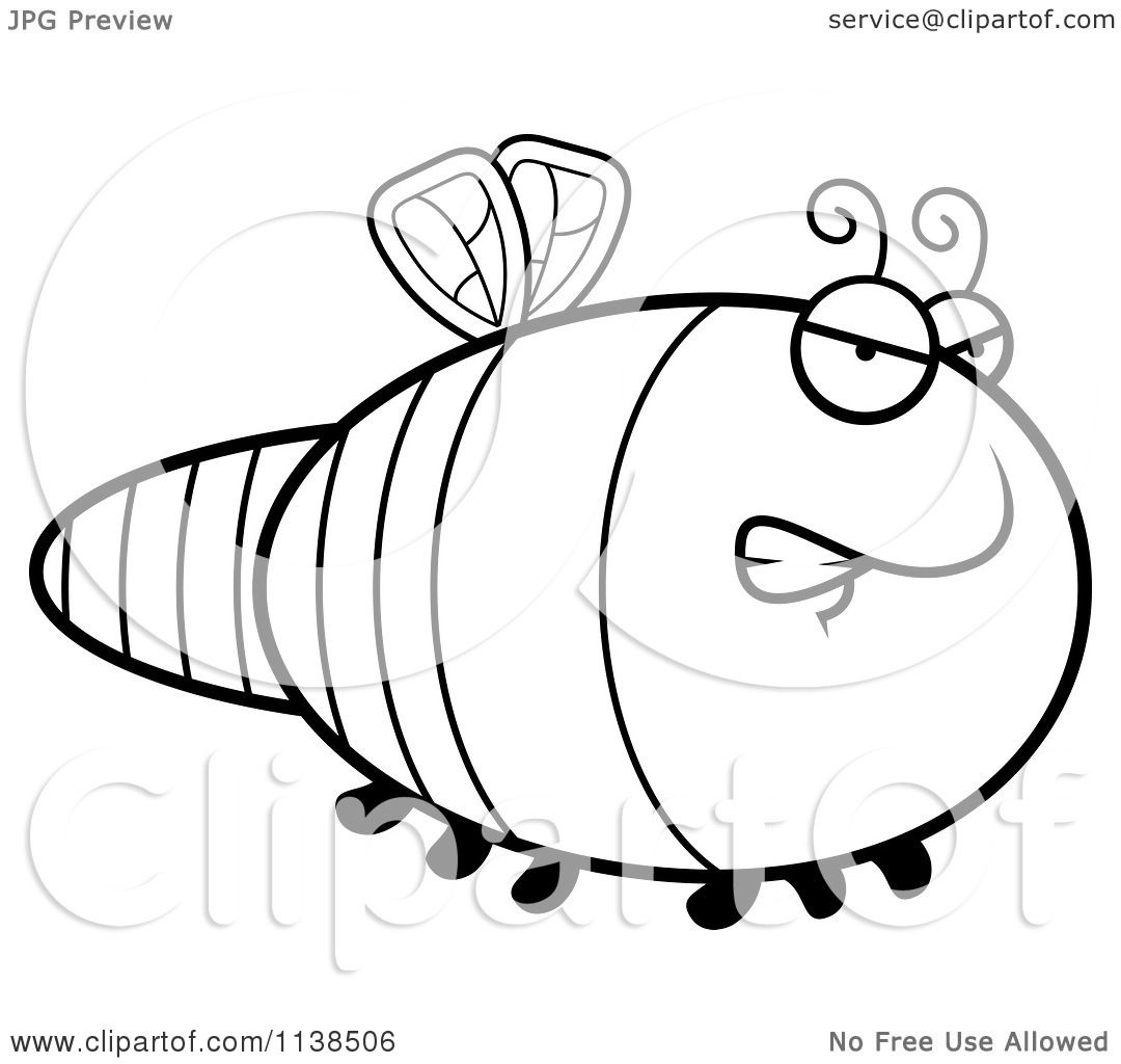 Cartoon Clipart Of An Outlined Angry Dragonfly - Black And White Vector