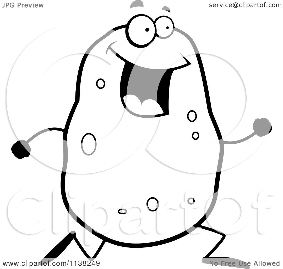 Cartoon Clipart Of An Outlined Black And White Running Potato Character