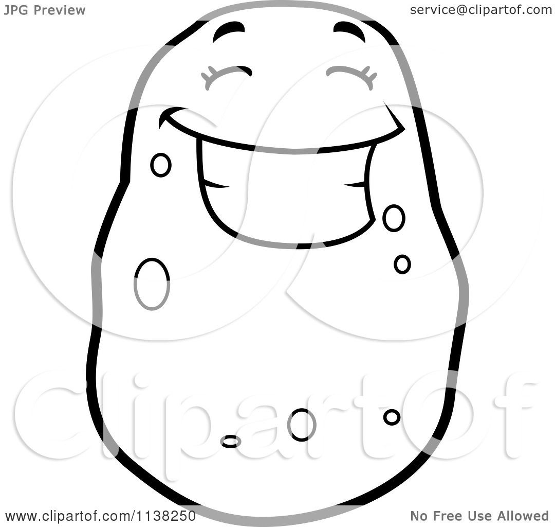 Cartoon Clipart Of An Outlined Black And White Smiling Potato Character