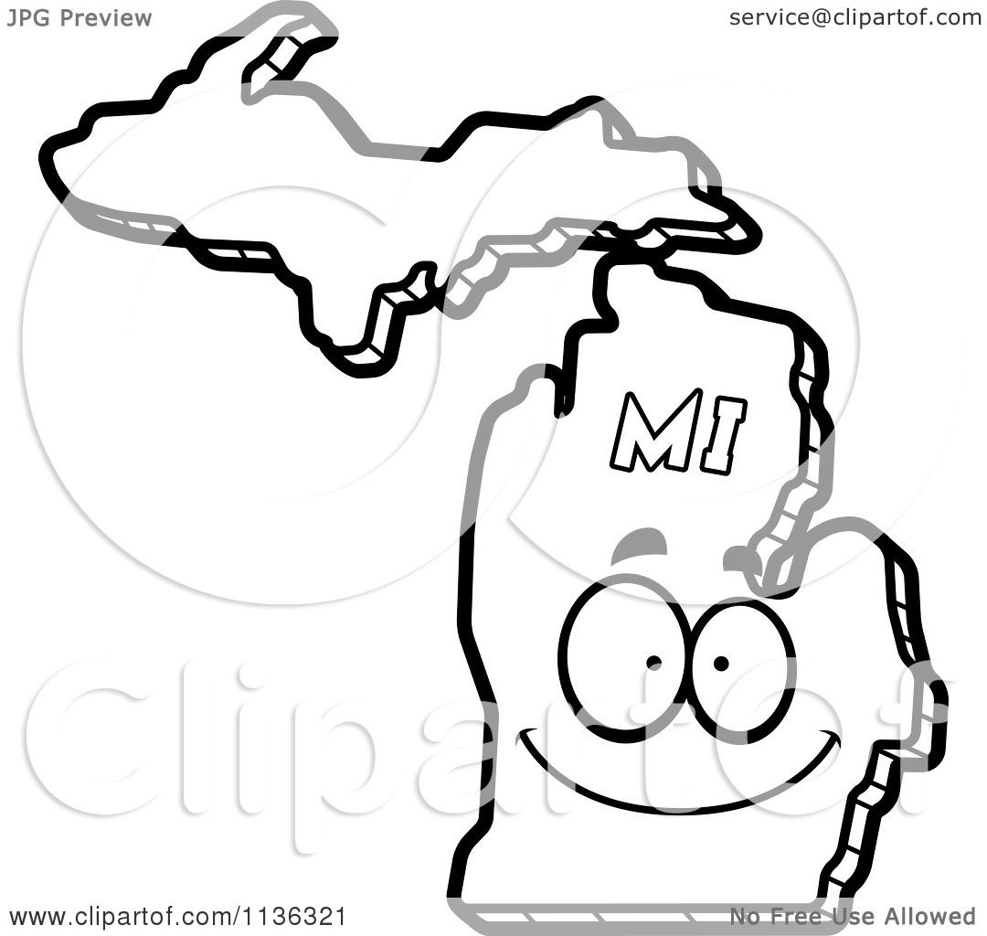 Cartoon Clipart An Outlined Happy Michigan State Character Black And White Vector Coloring Page by Cory Thoman