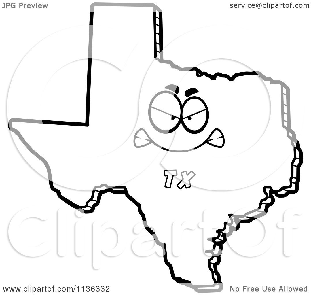 Cartoon Clipart An Outlined Mad Texas State Character Black And White Vector Coloring Page by Cory Thoman