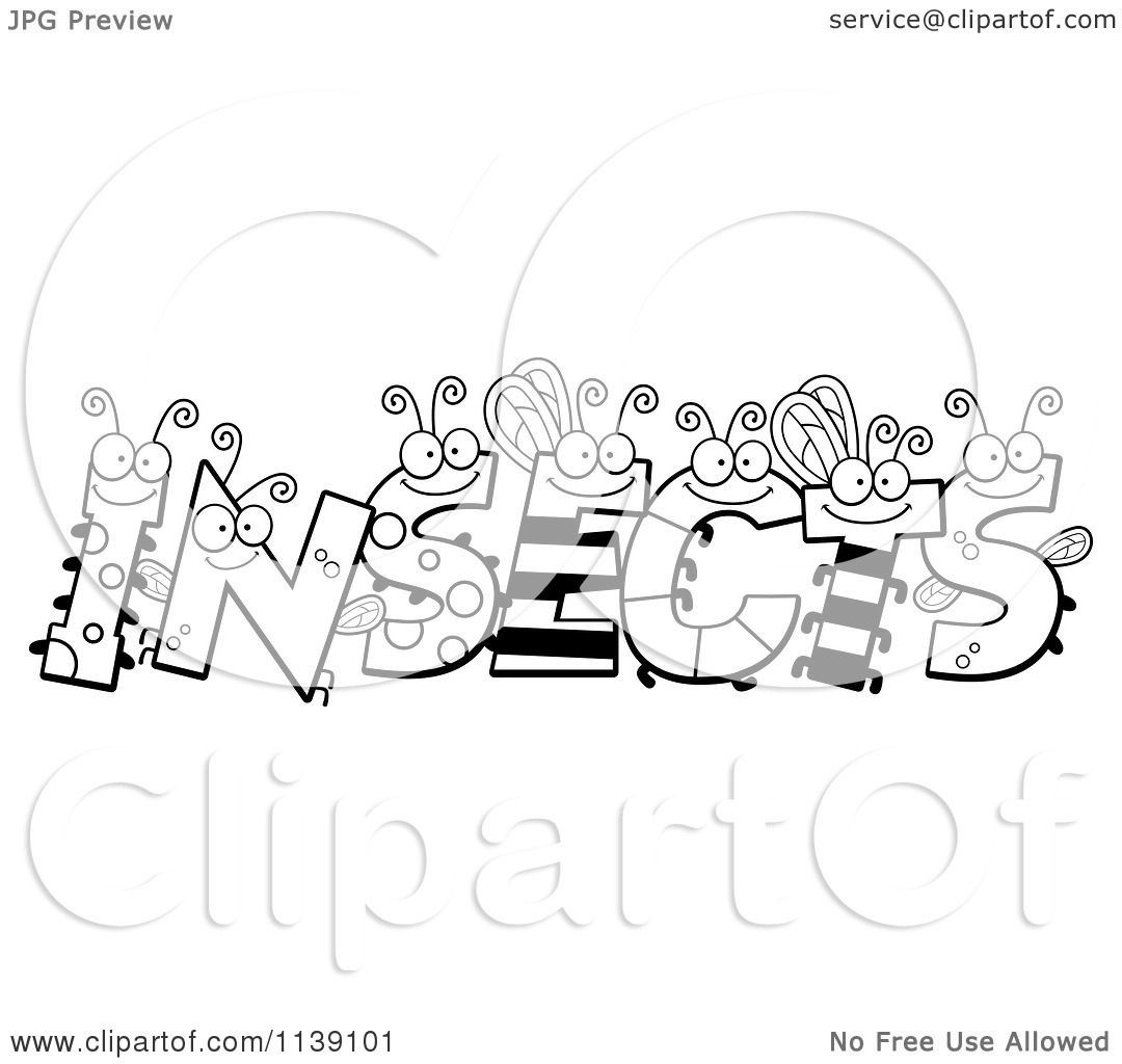 Cartoon Clipart Of Black And White Bug Letters Spelling INSECTS