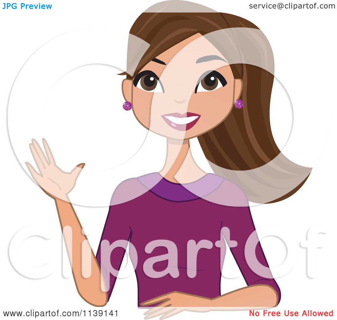 Cartoon Of A Beautiful Friendly Brunette Woman Waving Royalty Free 