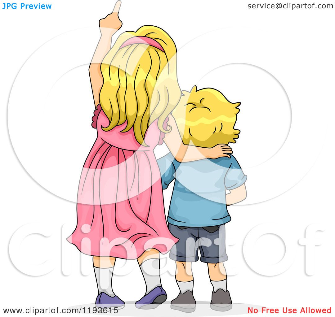 Cartoon of a Big Sister and Little Brother Looking up and Pointing -  Royalty Free Vector Clipart by BNP Design Studio #1193615
