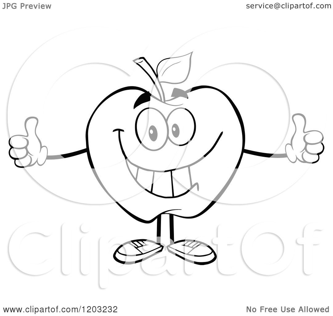 Cartoon of a Black and White Apple Character Holding Two 