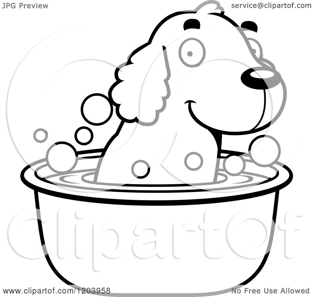 Cartoon of a Black And White Cute Spaniel Puppy Taking a Bath - Royalty ...