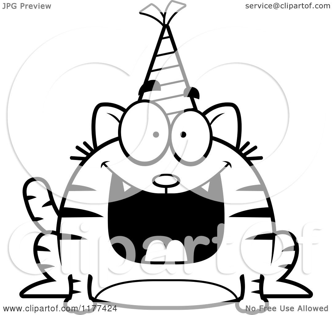 Cartoon Of A Black And White Happy Birthday Cat Wearing A