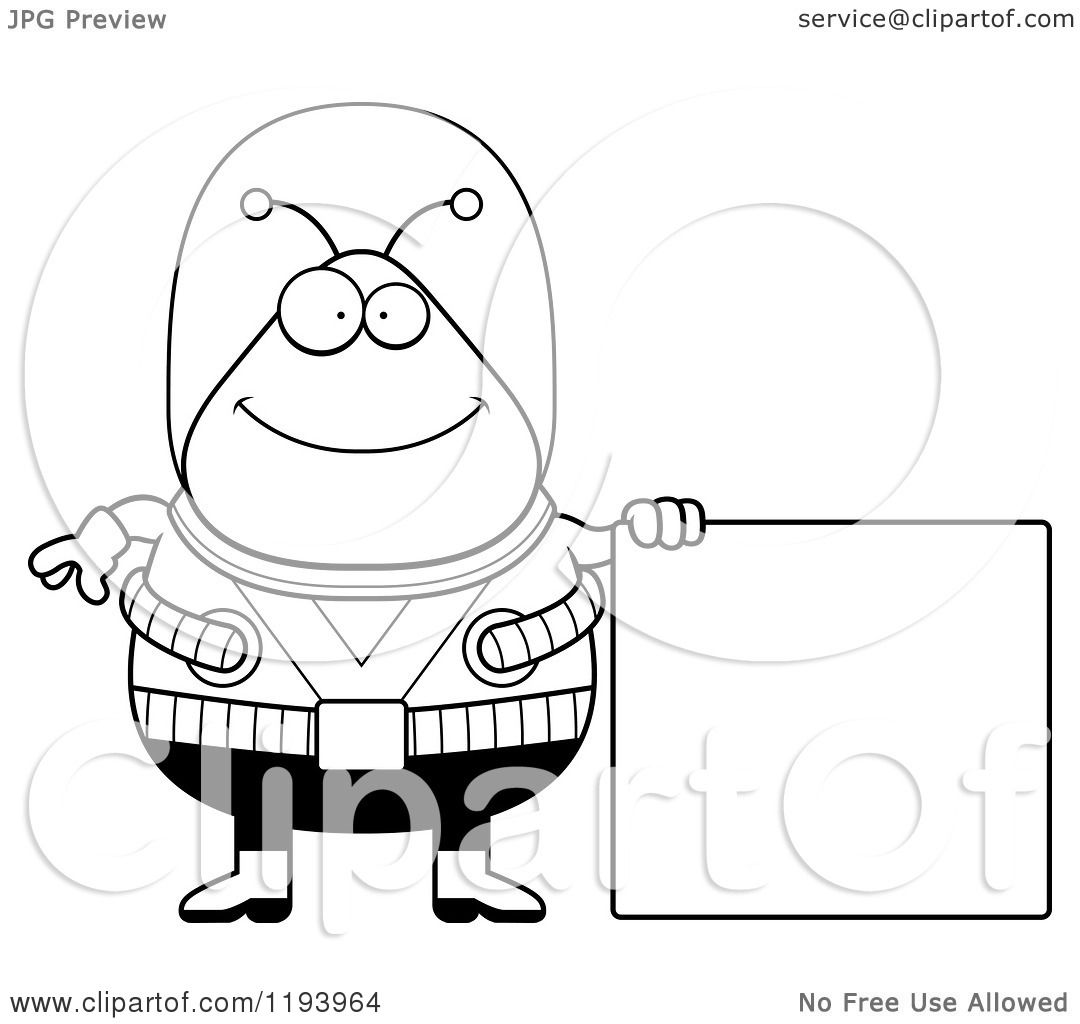 Cartoon Of A Black And White Happy Chubby Alien Standing By A Sign Royalty Free Vector Clipart 2974