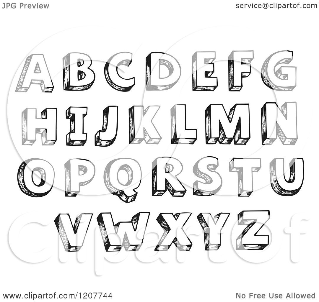 cartoon of a black and white sketched alphabet letters