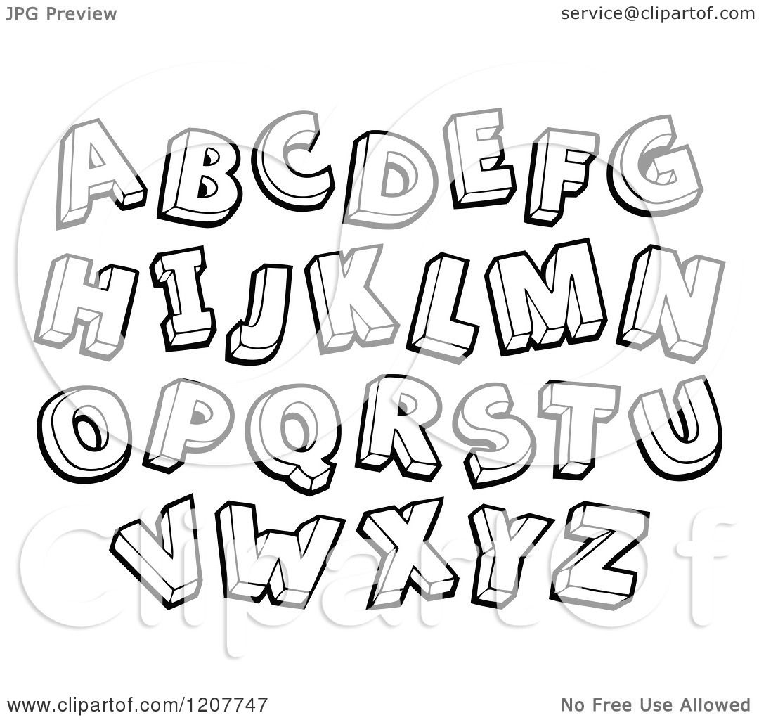 Cartoon of a Black and White Sketched Alphabet Letters - Royalty Free