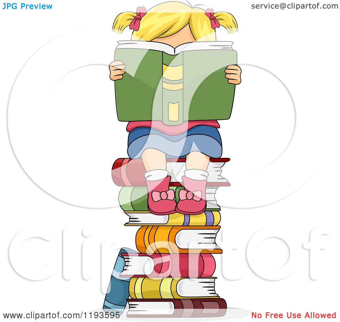 Cartoon of a Blond Girl Hidden Behind a Book on Top of a Stack of Books ...