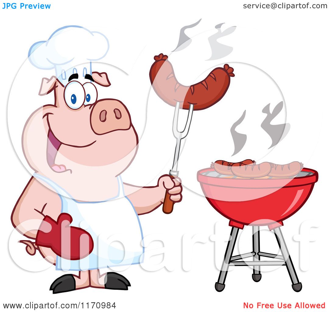 Cartoon Of A Chef Pig Holding A Sausage On A Fork By A Barbeque 