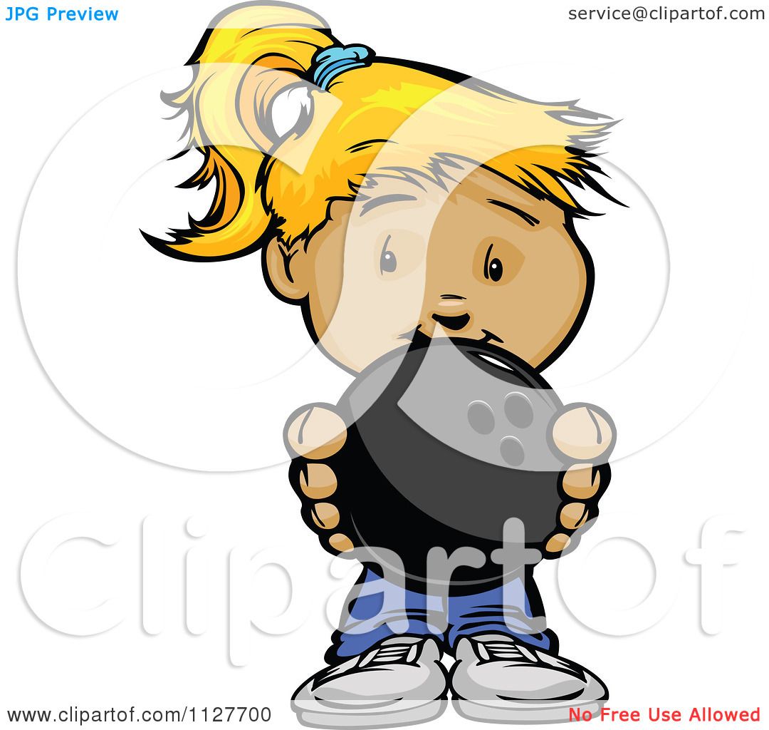 Cartoon Of A Cute Blond Girl Holding A Bowling Ball