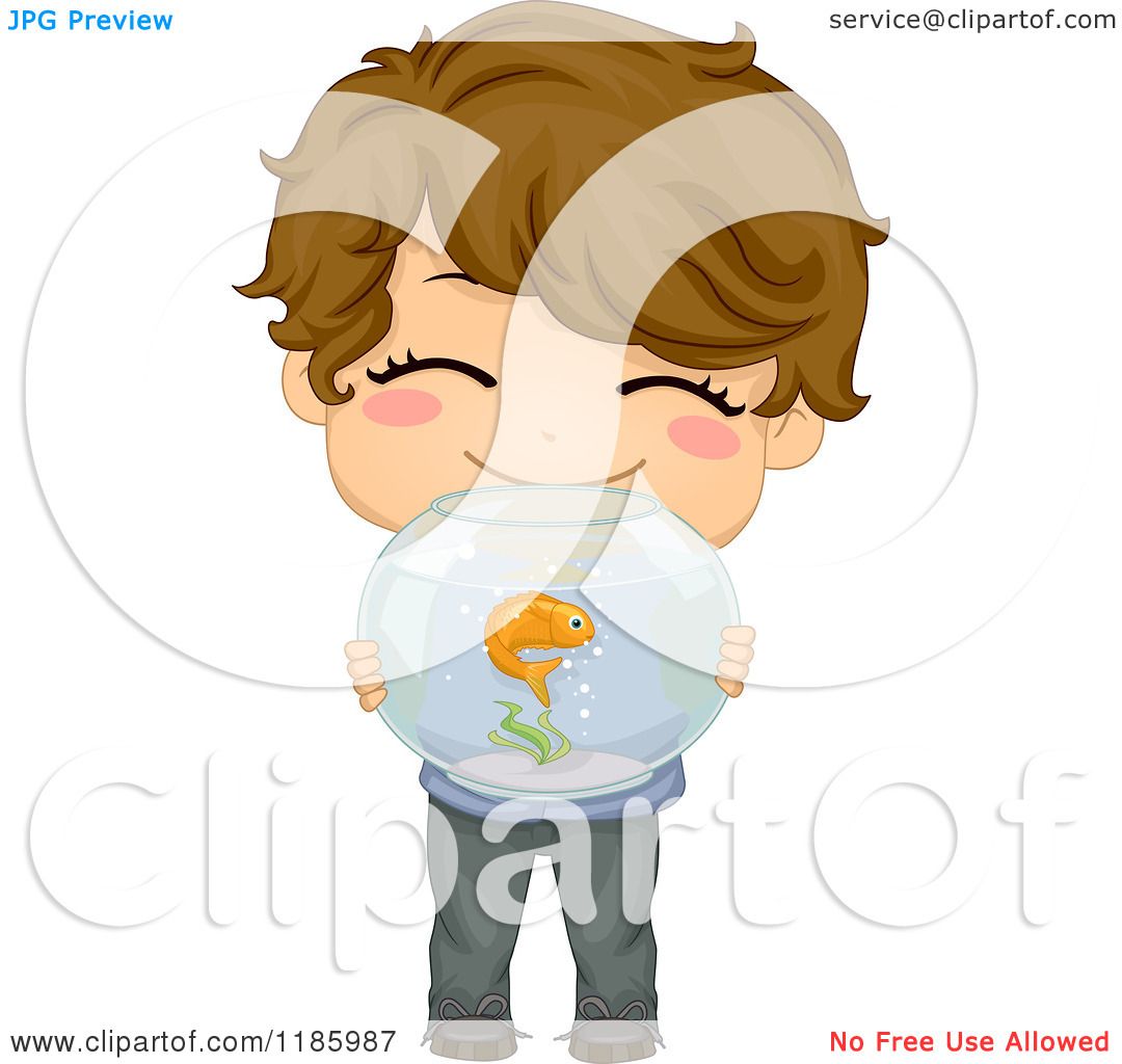 Cartoon of a Cute Brunette Boy Holding a Fish Bowl - Royalty Free