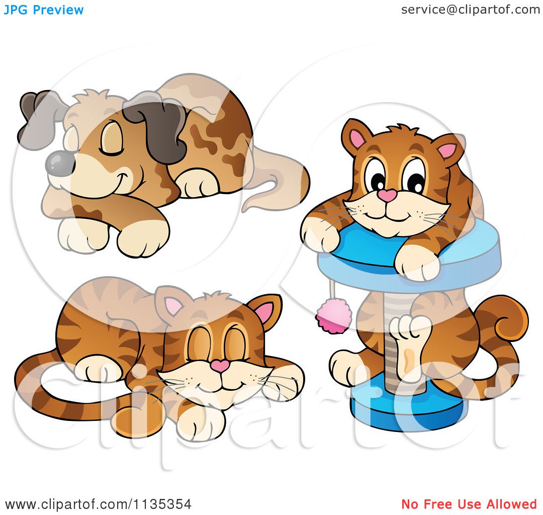 Cartoon Of A Cute Cats And A Dog - Royalty Free Vector Clipart by