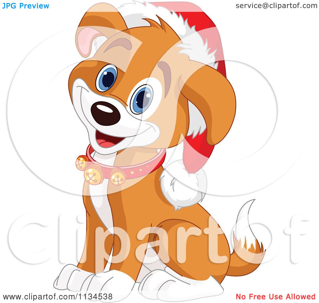 Cartoon Of A Cute Christmas Puppy Wearing Jingle Bells And A Santa Hat Royalty Free Vector Clipart By Pushkin 1134538