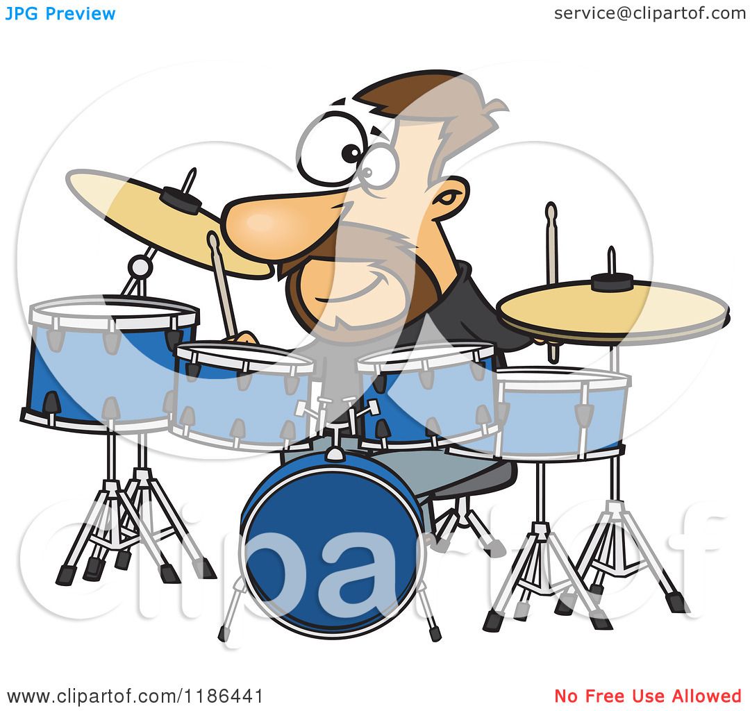 Cartoon of a Drummer Dude with His Instruments - Royalty Free Vector