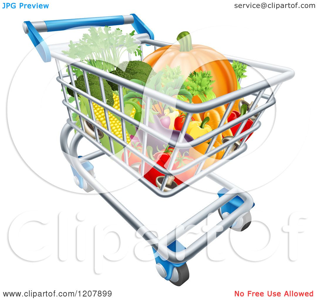 Cartoon of a Grocery Store Shopping Cart Full of Vegetables - Royalty