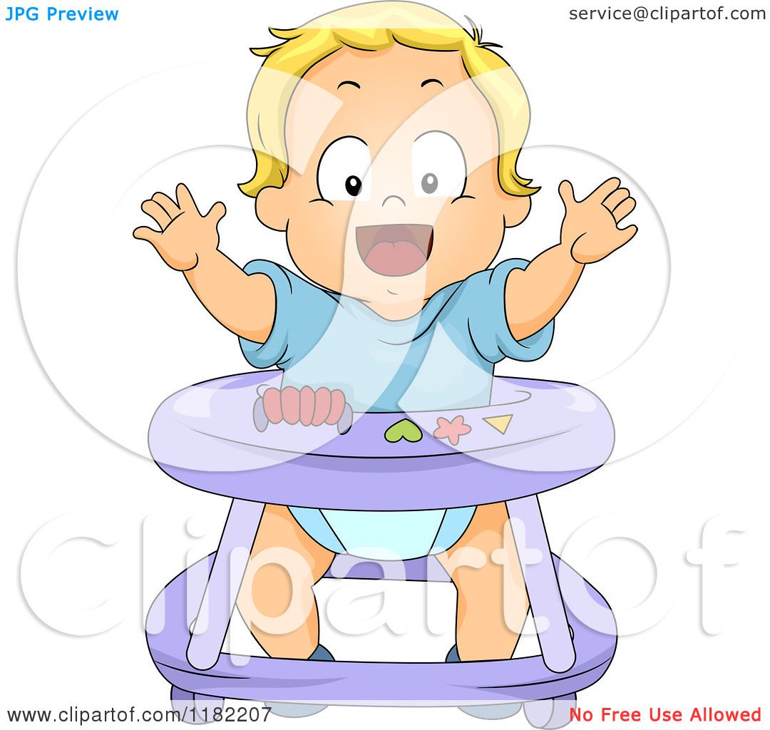 Download Cartoon of a Happy Blond Toddler Boy in a Baby Walker ...
