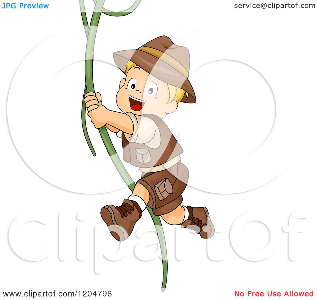Cartoon Of A Happy Blond White Explorer Boy Swinging On A Jungle Vine Royalty Free Vector Clipart By Bnp Design Studio