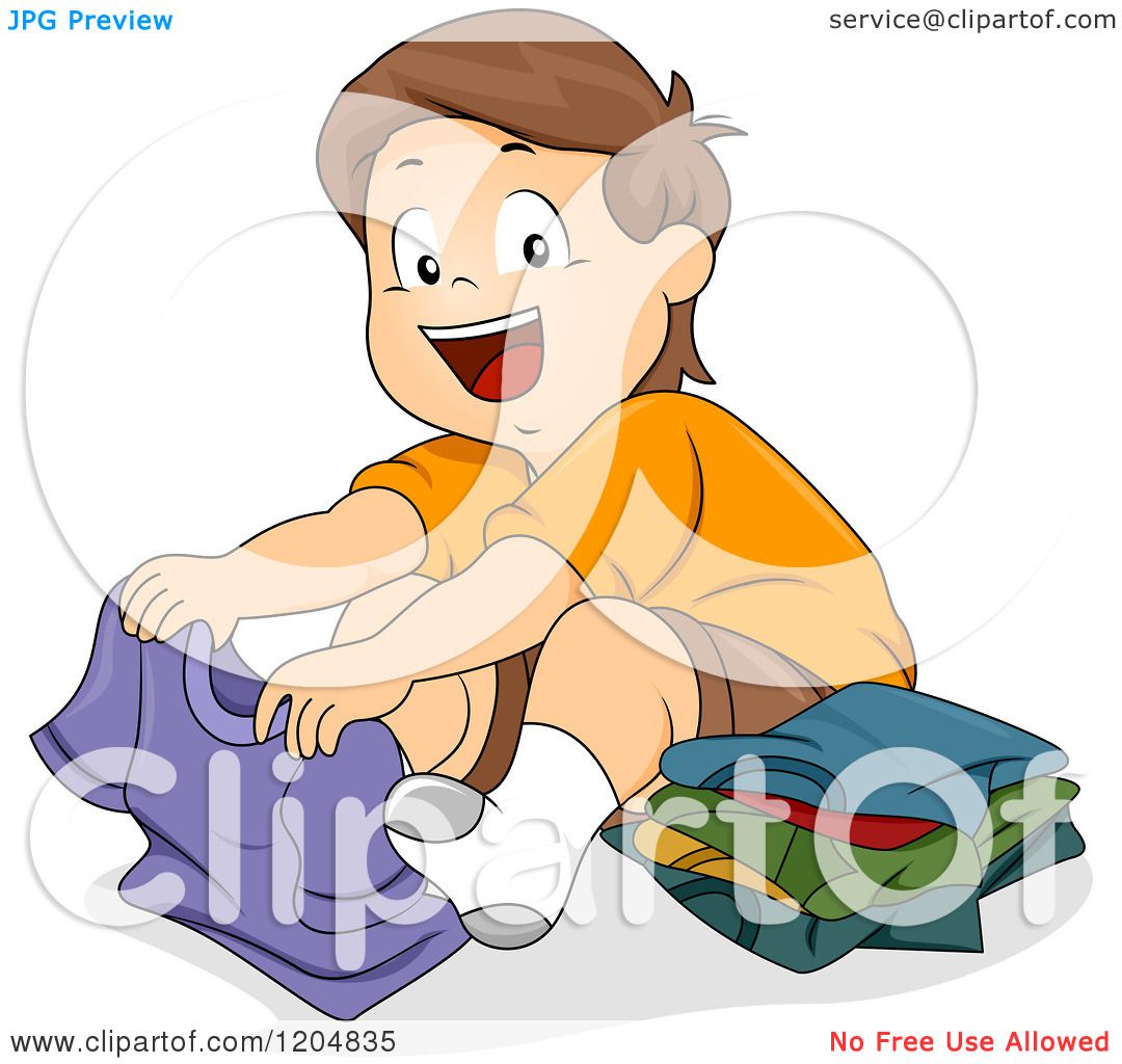 Download Cartoon of a Happy Brunette White Boy Folding Shirts ...
