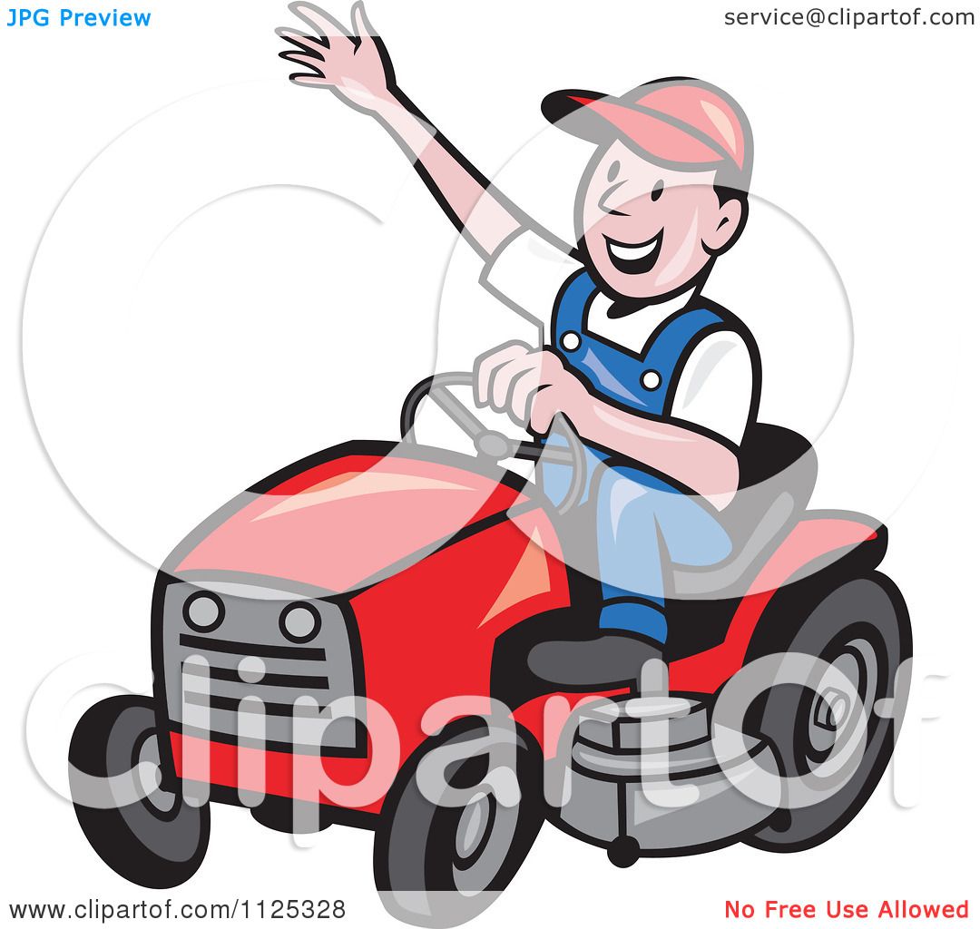 Cartoon Of A Happy Landscaper Waving And Operating A Lawn Mower