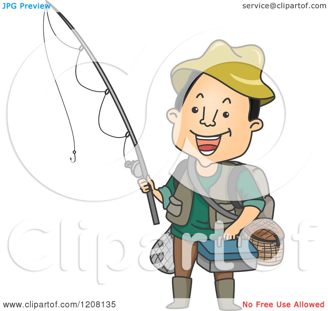 Cartoon of a Happy Man Holding a Fishing Rod and Other Gear