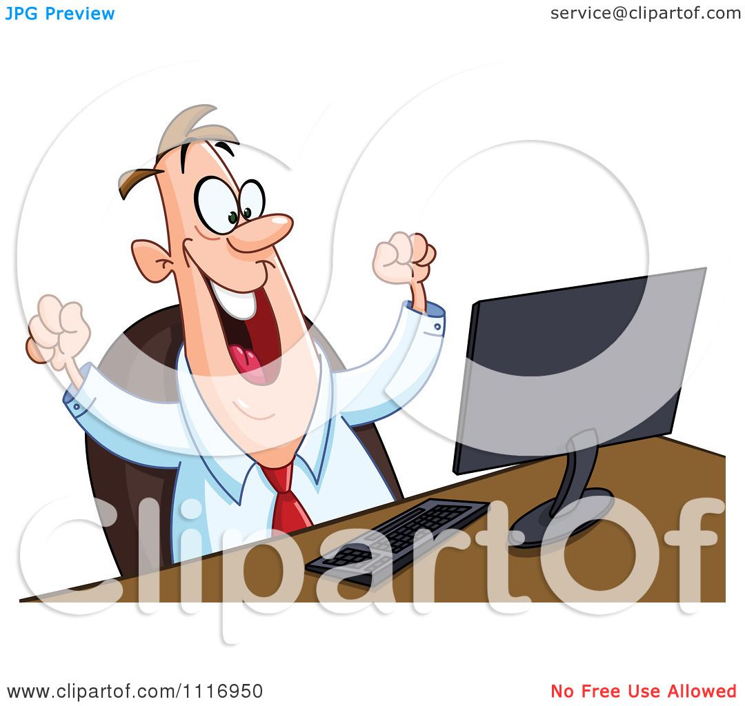 Cartoon Of A Happy Man Working At Or Watching Something On A Computer -  Royalty Free Vector Clipart by yayayoyo #1116950
